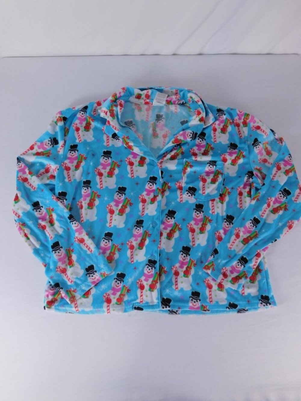Holiday Time Pajama Top Kids S Blue Fleece Snowman Button Front Christmas